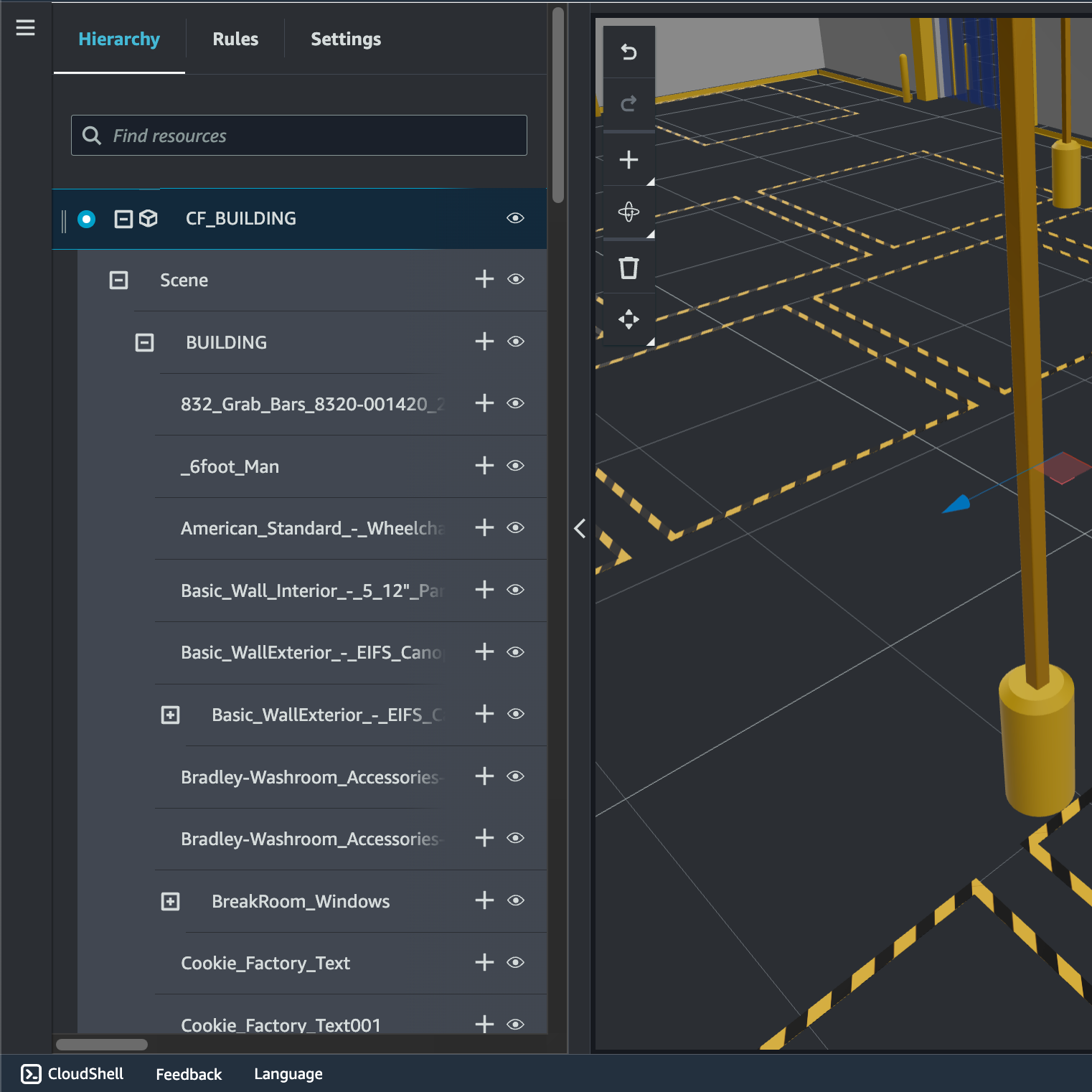 IoT TwinMaker scene with the original CF_BUILDING.glb – mesh hierarchy list is supported