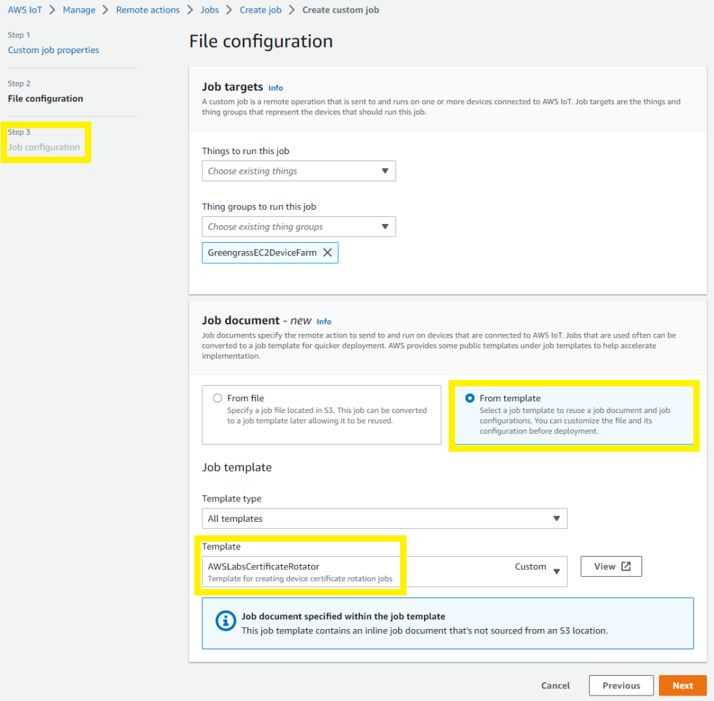 Figure 3: Creating a certificate rotation job in the AWS IoT console