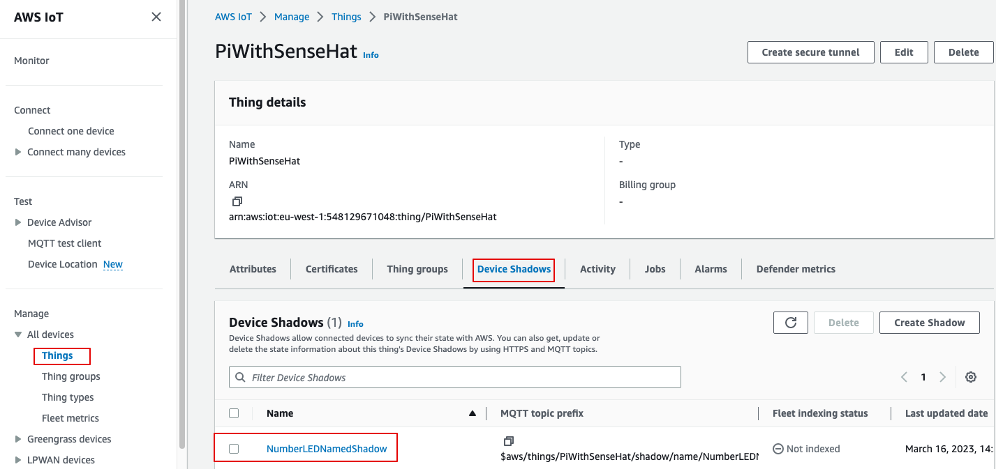 locate the device shadow in AWS console