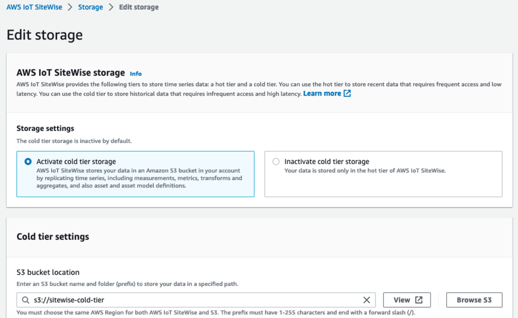 AWS IoT SiteWise Edit Storage