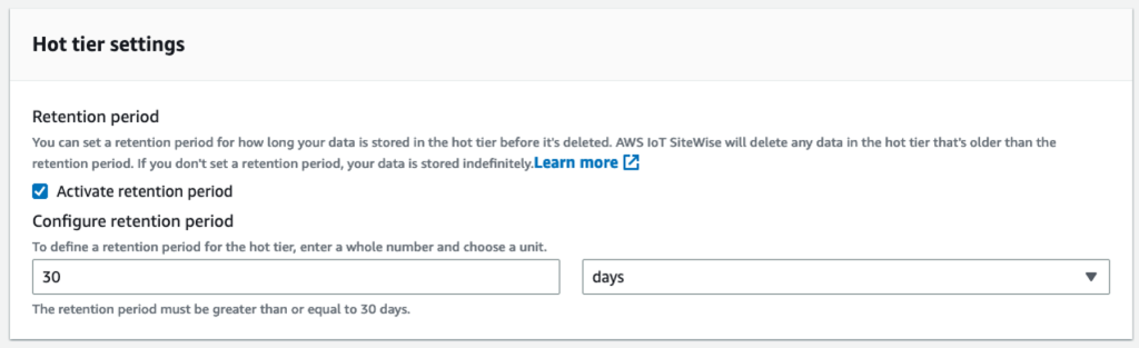 AWS IoT SiteWise Hot Tier Settings