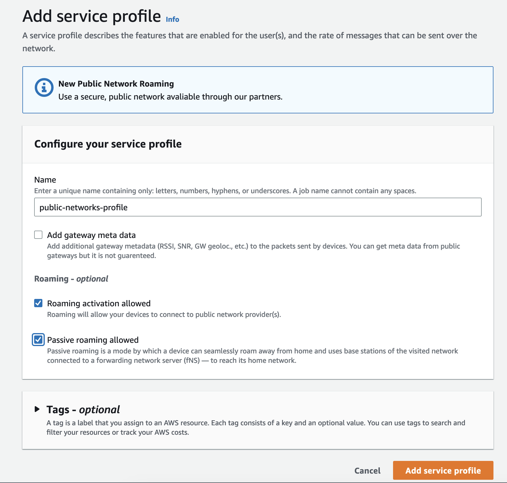 AWS IoT Console page showing the options for configuring a service profile for LoRaWAN connections using public networks