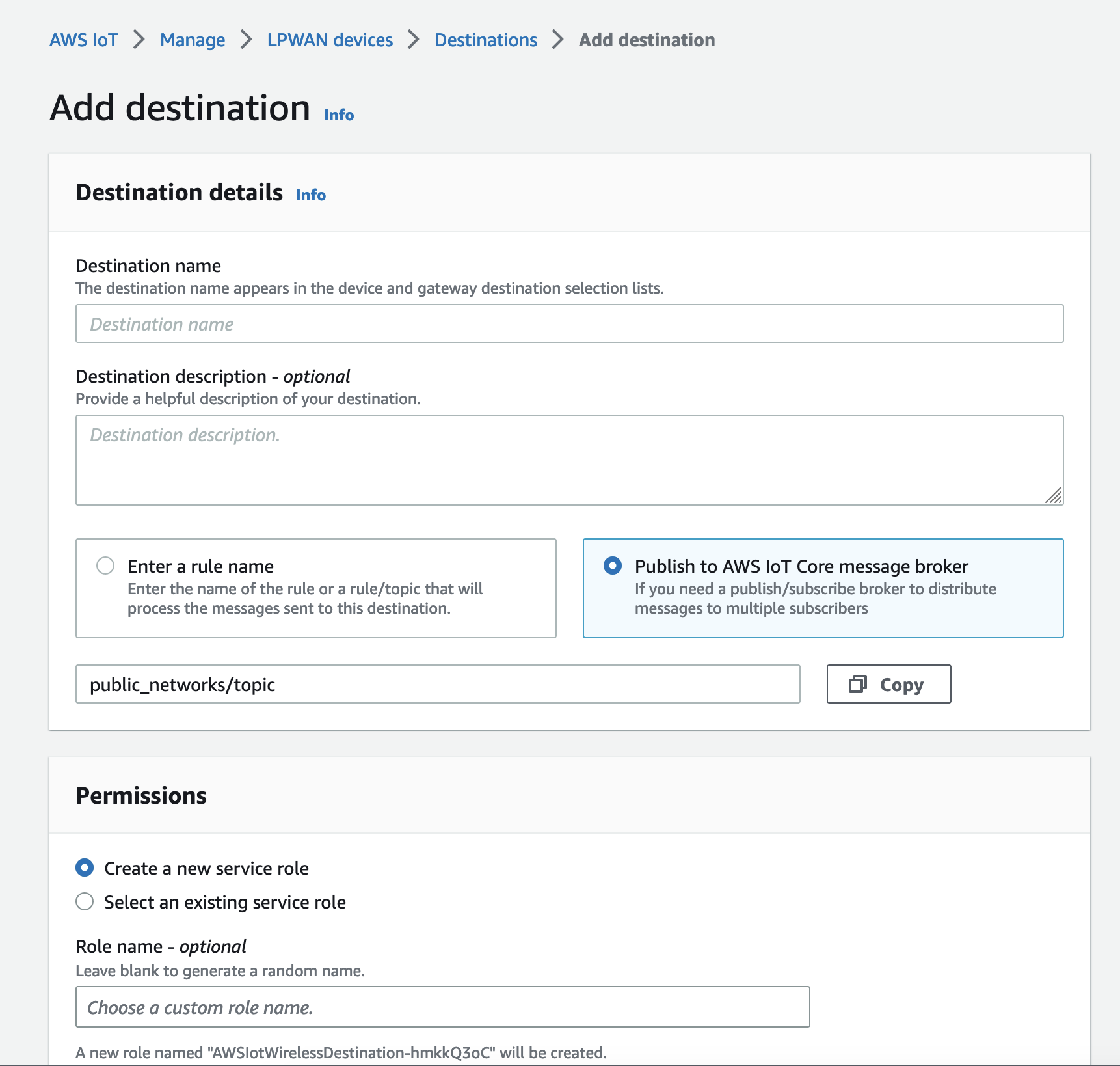 AWS IoT Console page showing the options for configuring a destination for LoRaWAN connections using public networks. There are options to set the Destination name, a choice to configure an IoT rule for the destination or publish to a AWS IoT Core message broker topic, and choices for creating a new role or using an existing role for this destination