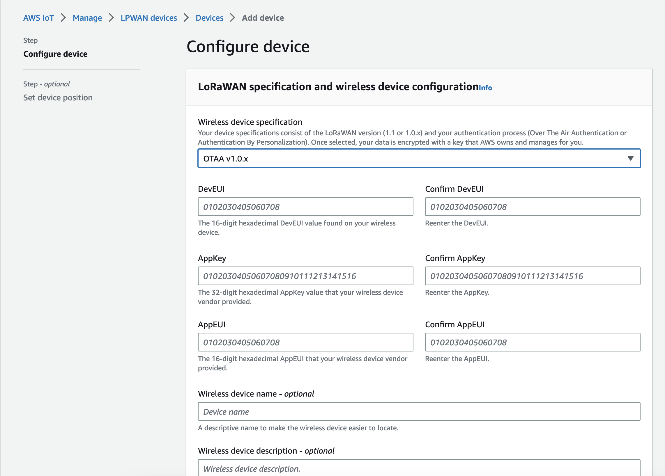 AWS IoT Core page for adding a LoRaWAN device. The page includes the choice of specification for the device along with placeholders for EUI and credentials. There is also a form box to enter a device name.