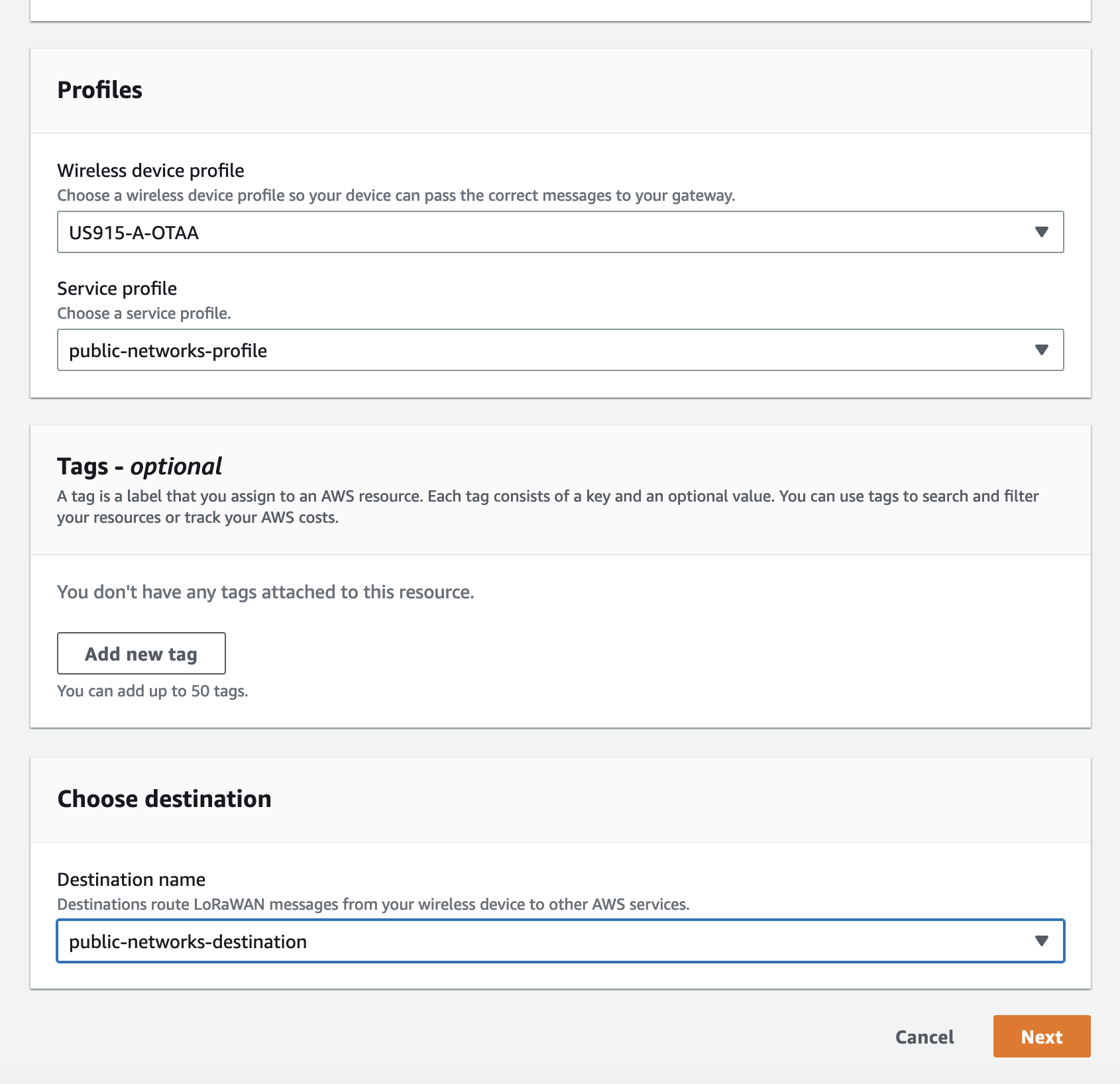 An extension of the previous image allowing a choice of the device profile and service profile as well as the destination. The options here are all of things created in previous steps.