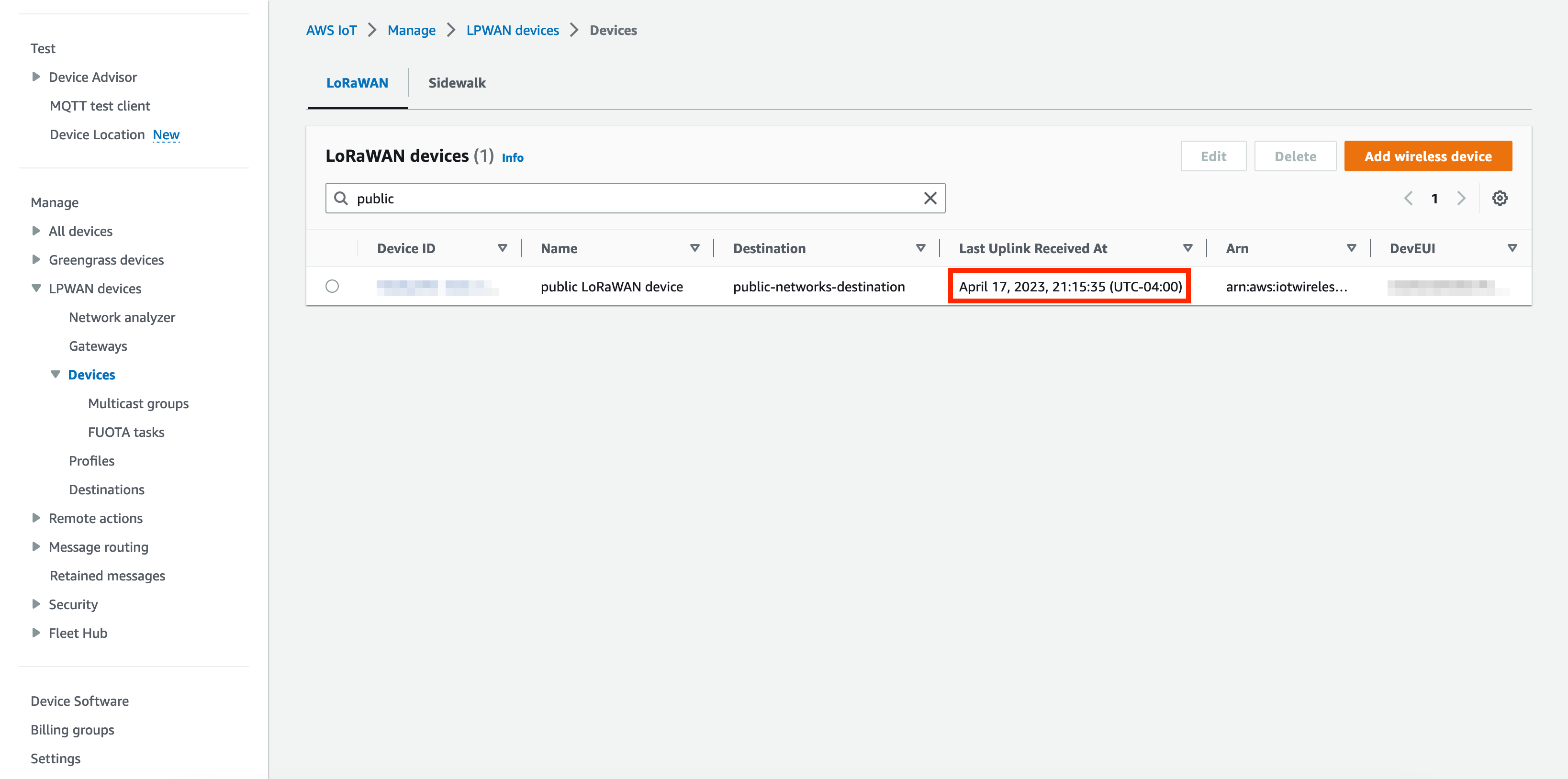 The AWS IoT Core page showing a list of LoRaWAN devices. There is a column for last uplink received that is highlighted to show that there was a recent uplink