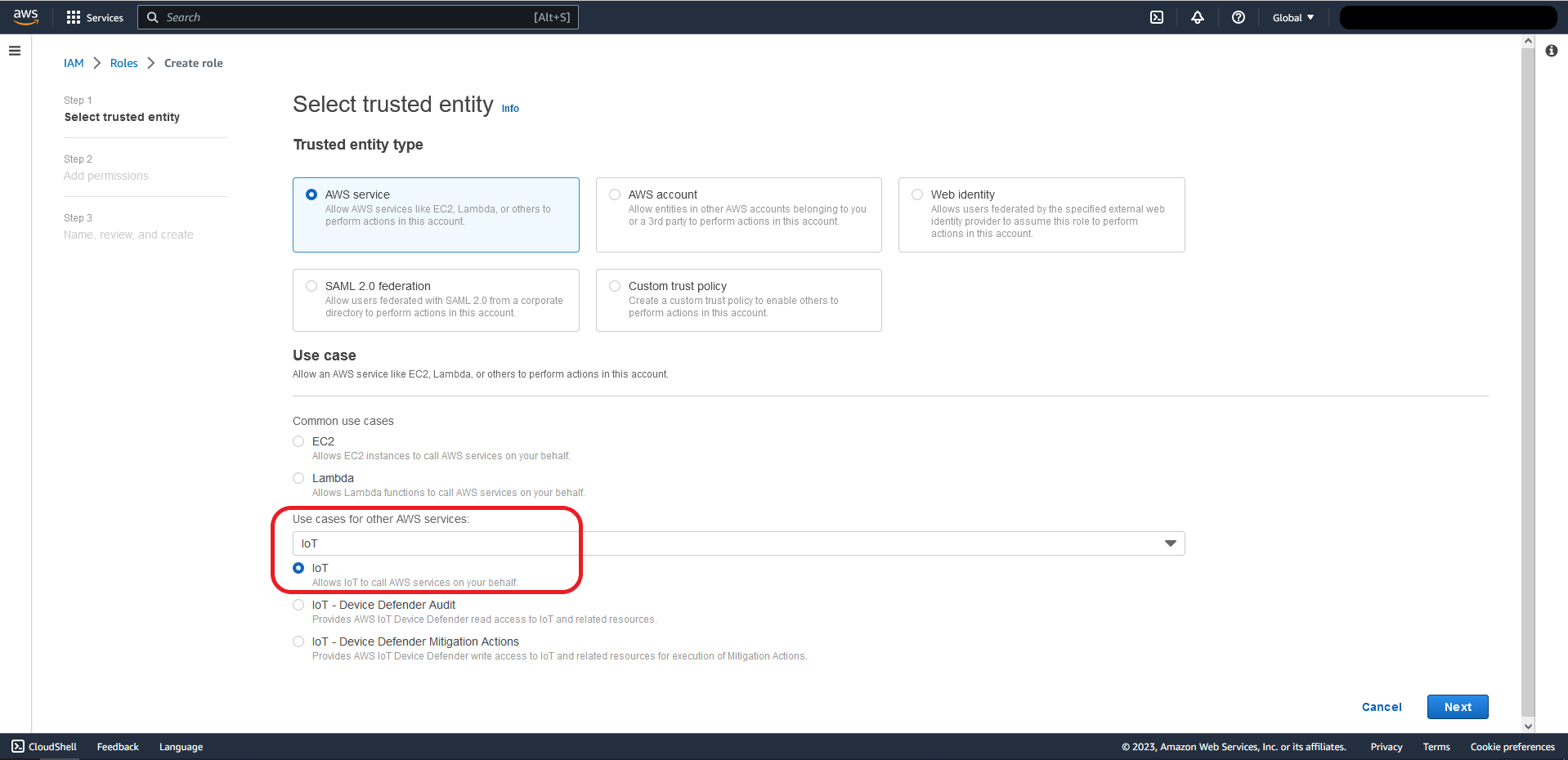 Select trusted entity, Use case IoT