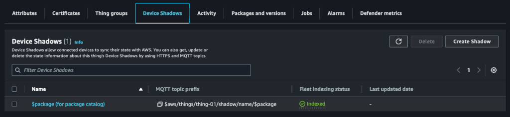 Reserved named Shadow reporting an updated version information for samplePackage01 version v2.0.0 following successful completion of the AWS IoT Job
