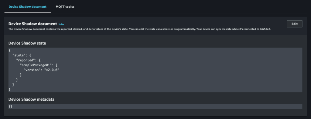 Reserved named Shadow reporting an updated version information for samplePackage01 version v2.0.0 following successful completion of the AWS IoT Job 