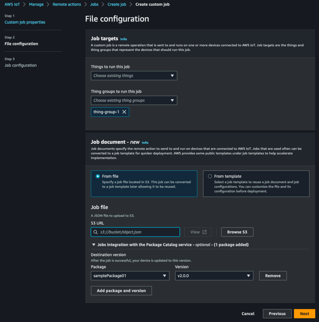 Creation of a new AWS IoT Job integrated with AWS IoT Device Management Software Package Catalog to deploy a package version to the target AWS IoT thing group using AWS Console