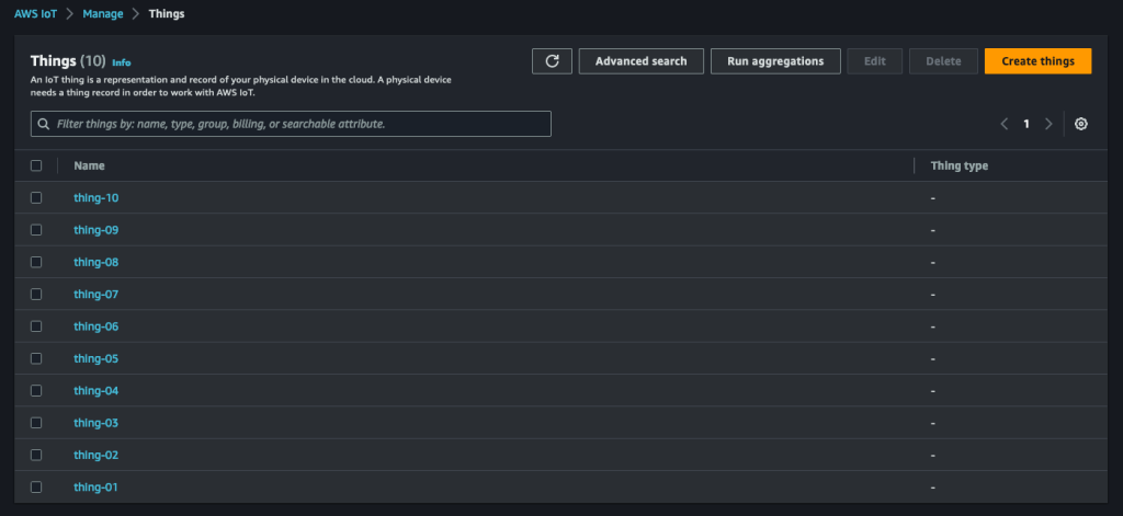 AWS Console showing a sample fleet of 10 IoT devices assigned to two different static AWS IoT thing groups