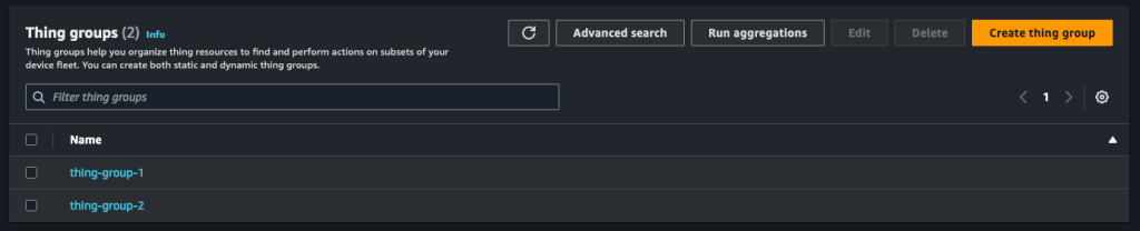 AWS Console showing a sample fleet of 10 IoT devices assigned to two different static AWS IoT thing groups