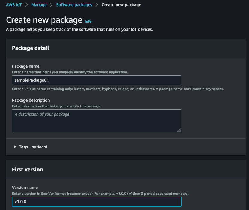Using AWS Console to create and publish a new software package “samplePackage01” and an associated default package version “v1.0.0“