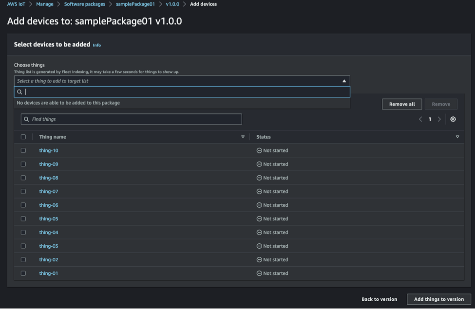 Using AWS console to associate AWS IoT things with a specific software package version