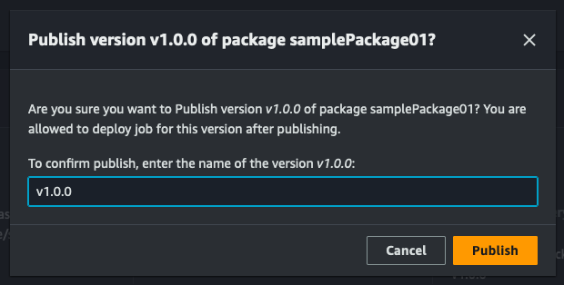 Using AWS Console to create and publish a new software package “samplePackage01” and an associated default package version “v1.0.0“