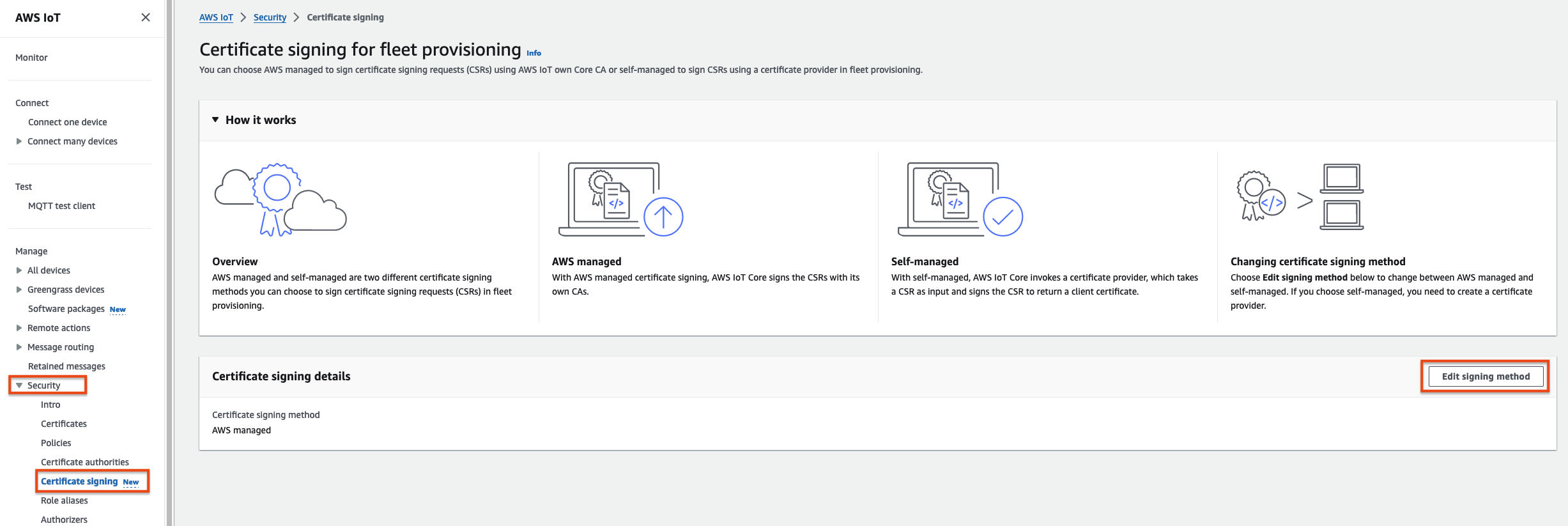 Self-managed certificate signing for fleet provisioning