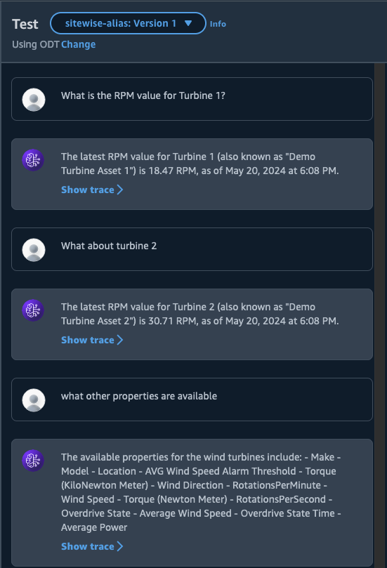 Q&A interaction testing the agent