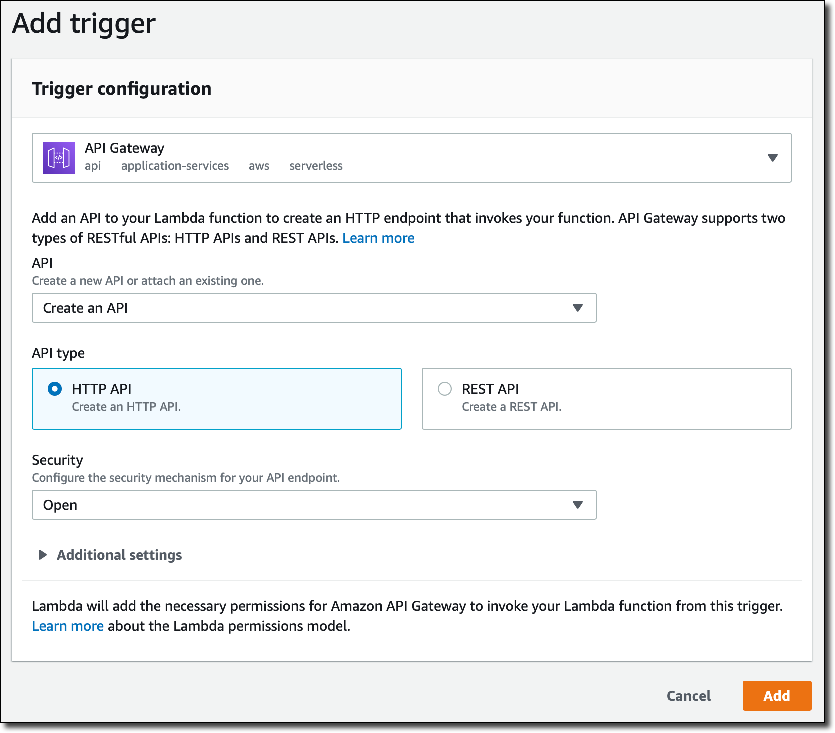 Скриншот консоли AWS: добавление триггера к Lambda-функции