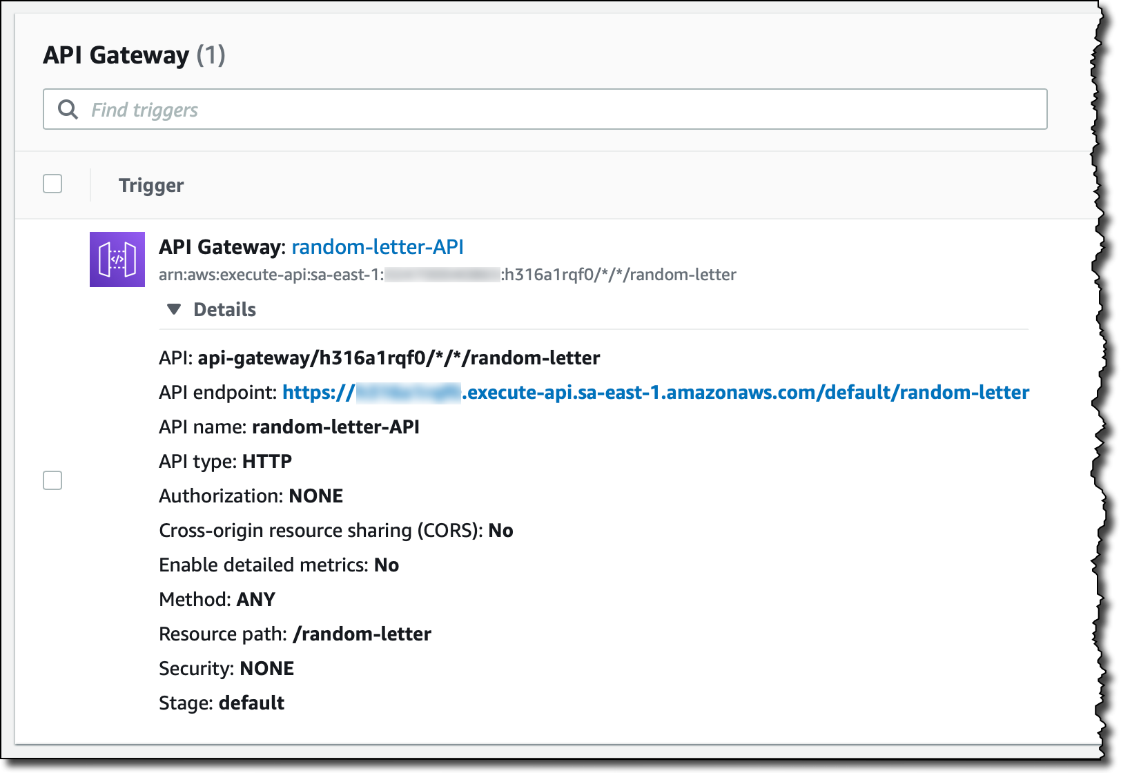 Скриншот консоли AWS: API Gateway в качестве триггера для Lambda-функции