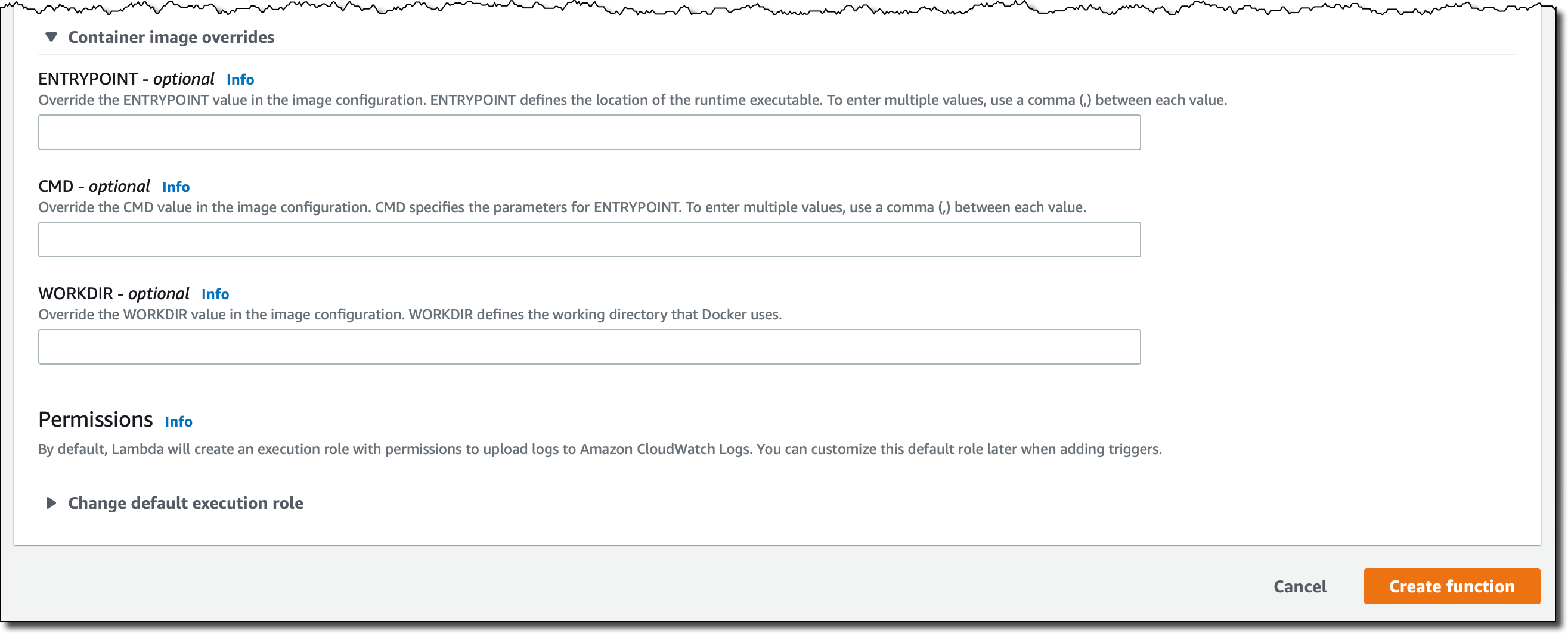 Скриншот консоли AWS: переопределение значений