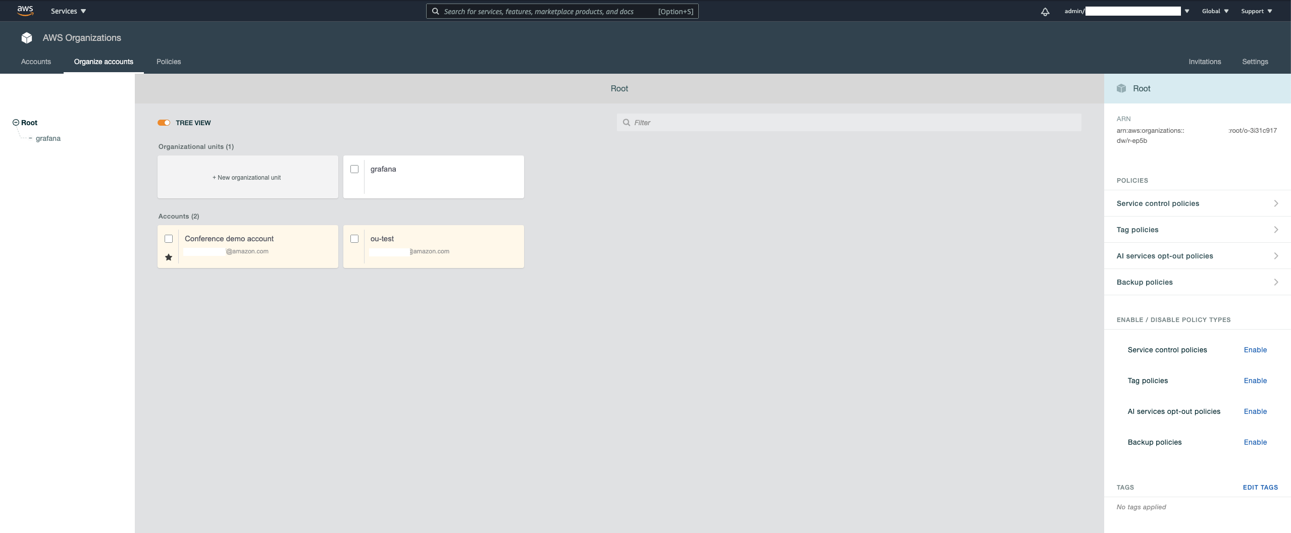 Консоль AWS Organizations