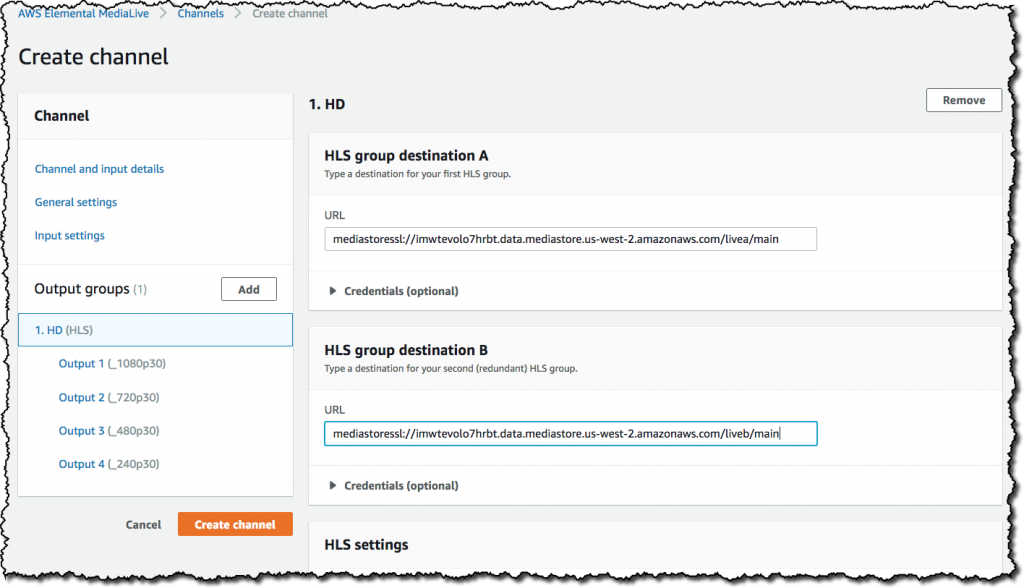 MediaLive Output template