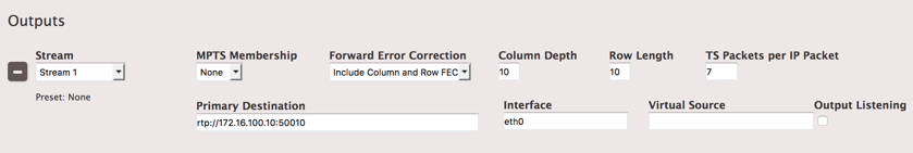 Example of an AWS Elemental Live Encoder using RTP with FEC with contribution settings applied.