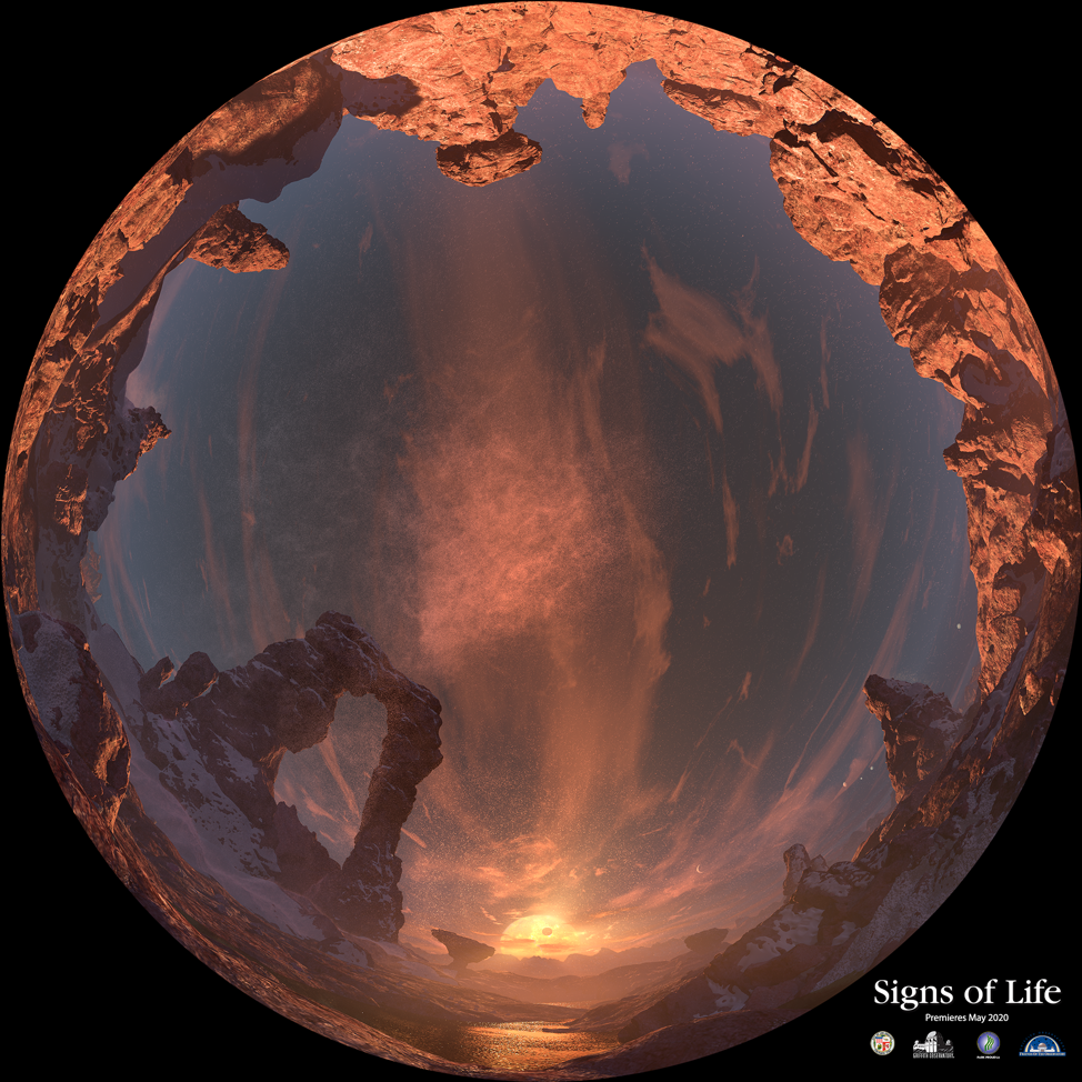 A dome master image from Signs of Life featuring the surface terrain of the exoplanet, Trappist-1e 