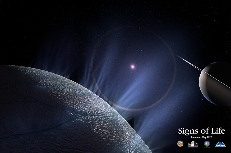 An image from Signs of Life, featuring Enceladus, an icy moon of Saturn.