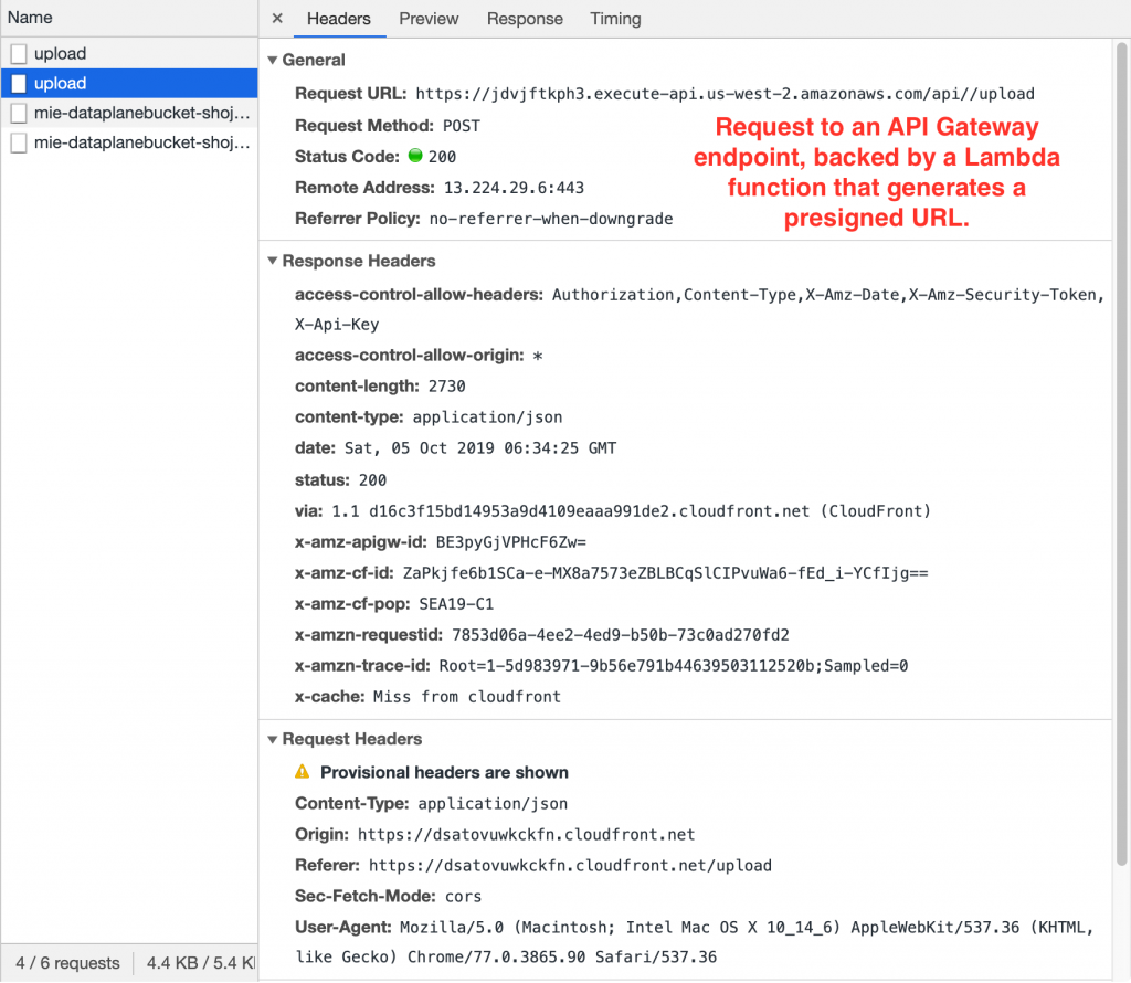 Request to an API Gateway endpoint, backed by a Lambda function that generates a presigned URL.