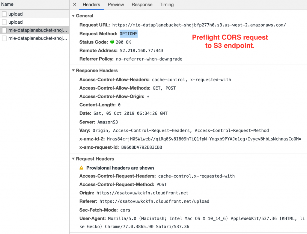 Preflight CORS request to S3 endpoint