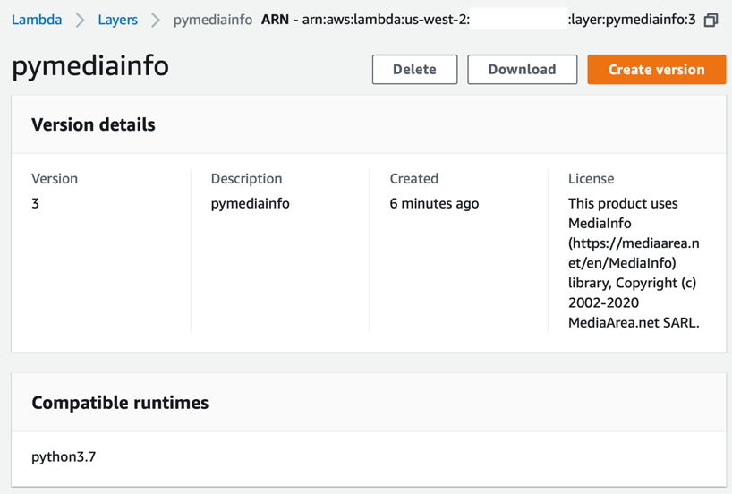 Screenshot of the AWS Console interface with version details and compatible runtimes.