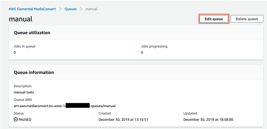 Edit AWS Elemental MediaConvert queue.