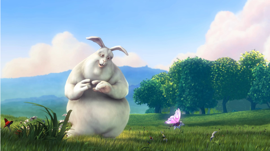 The second of 3 sequential frames of video from Big Buck Bunny at 30 fps. Notice that most of the content from frame to frame remains the same, only the butterfly’s wings change slightly.