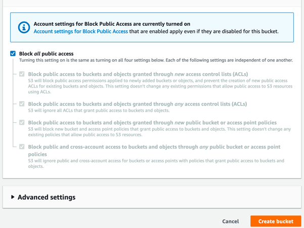 A screenshot of AWS Console showing the security settings of the bucket created, where all public access is blocked. The window also shows the create bucket button that should be clicked.