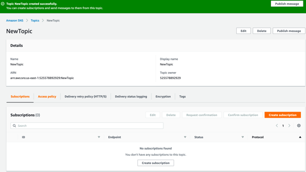 A screenshot of AWS console for SNS showing the new topic has been created, Create subscription button is to be selected