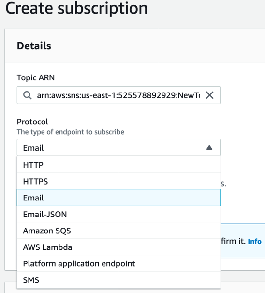 A screenshot of the Create Subscription window, with drop down menu for Protocol. Email is seleceted. 