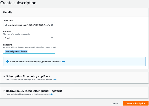 A screenshot of the Create Subscription window. The endpoint filed includes email address. myemail@example.com. There is a create subscription button to be selected
