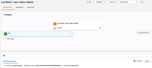 A screenshot of Lambda Console for Lambda function # 1. The window demonstrates the configuration section of the console and S3 added as the trigger.