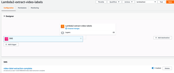 A screenshot of Lambda Console for Lambda function # 2. The window demonstrates the configuration section of the console and SNS added as the trigger.