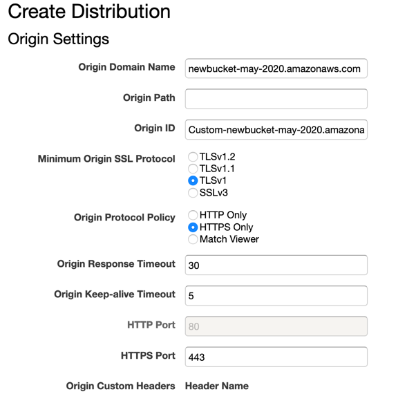 A screenshot showing CloudFront Create Distributions configuration window.