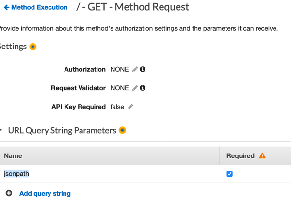 g. Click on the Method Request block, and add a new query string; jsonpath. 