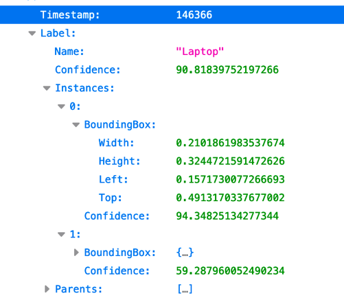 Screenshot showing the construct of the label in the JSON file. highlights Name: "Laptop" and other aspects such as confidence and bounding box coordinates.