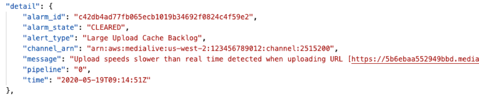 Screenshot of a portion of a CloudWatch Event with Media Service Alert data