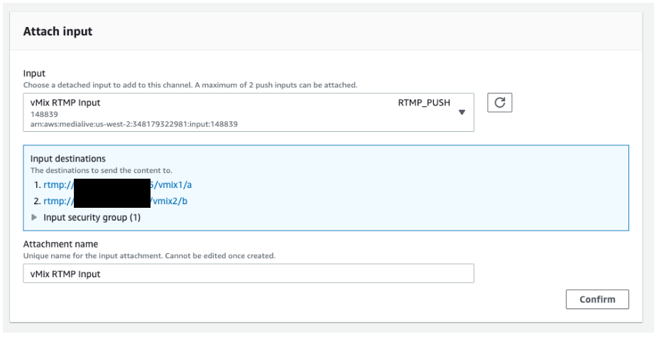 Image that shows how to attach new RTMP input to Elemental MediaLive channel