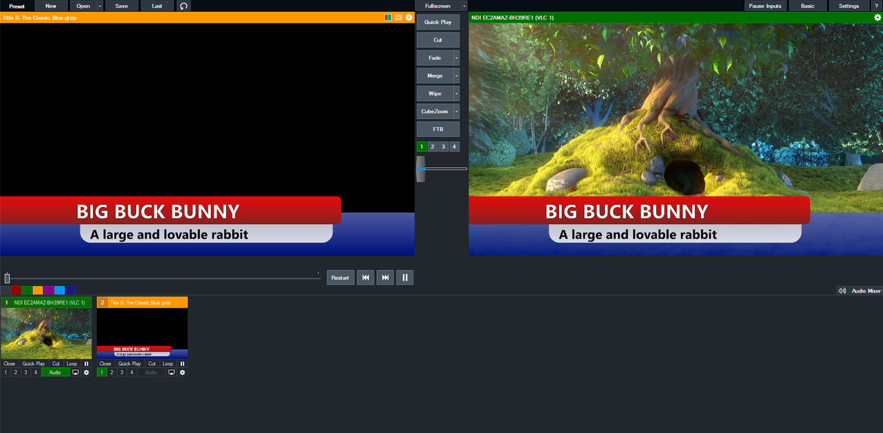 Image of sample video of Big Buck Bunny playing with a graphic overlay in vMix