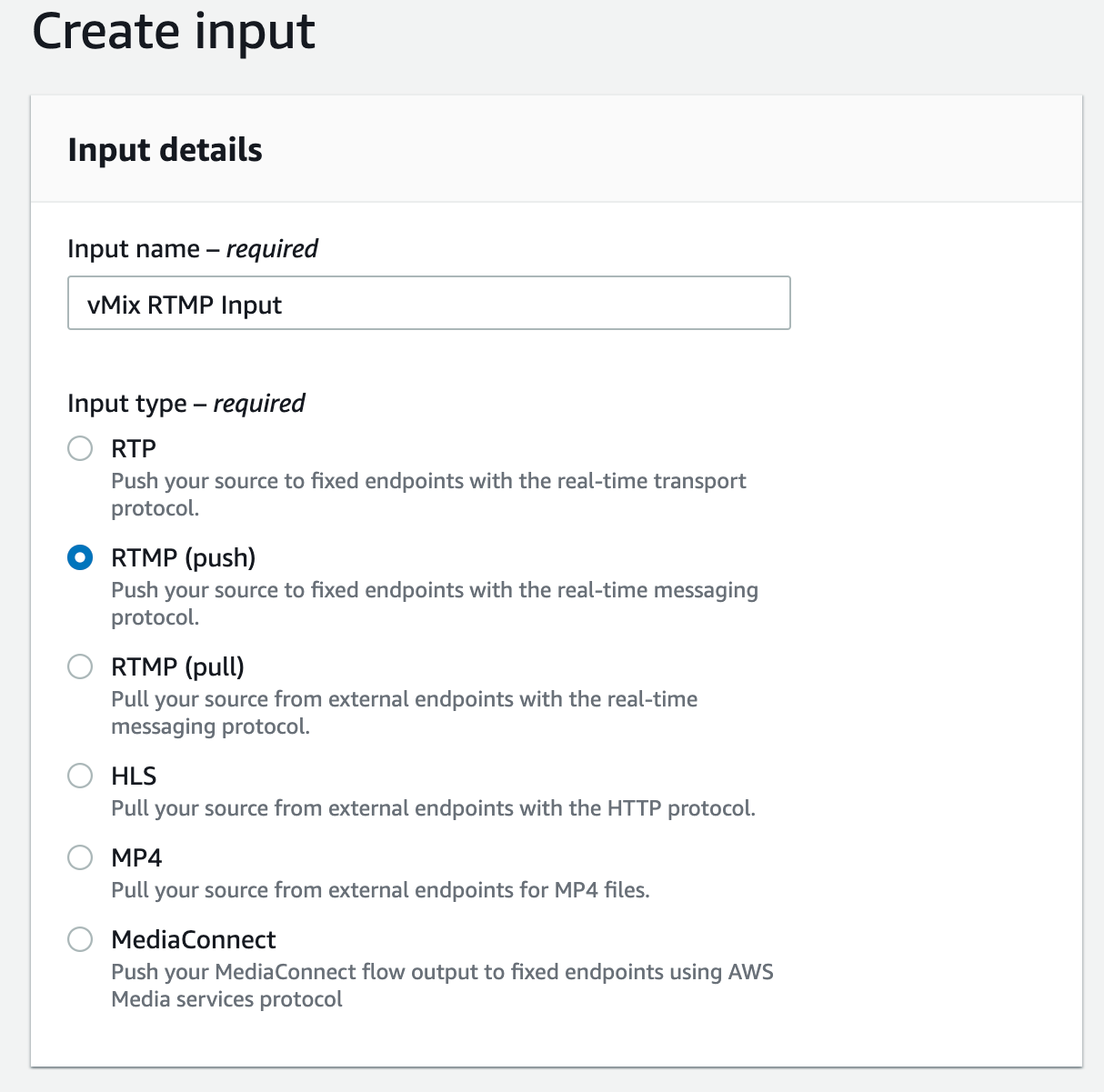 Image creating new RTMP input for Elemental MediaLive