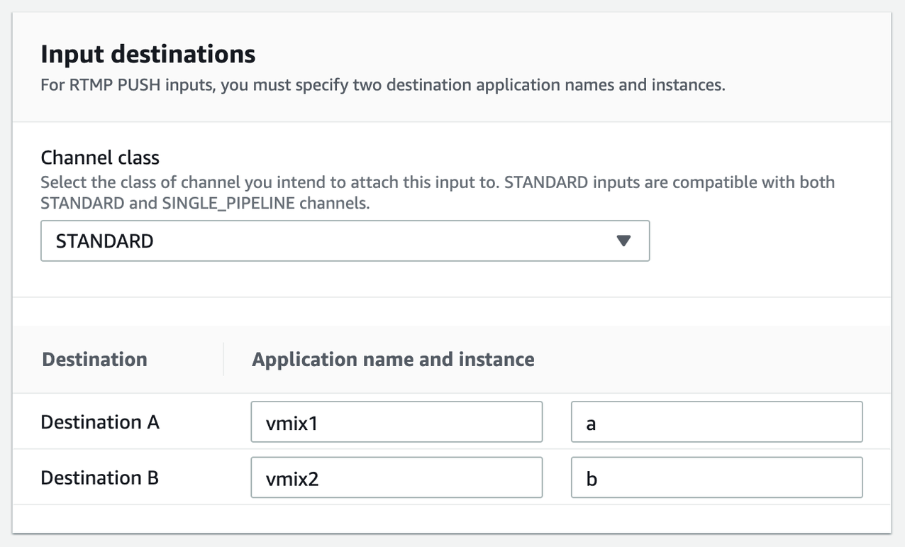 Image specifying input destinations for Elemental MediaLive