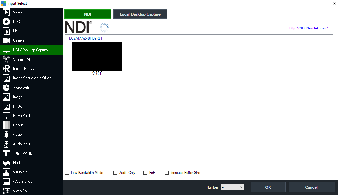 Image of Input select window showing the NDI source in vMix