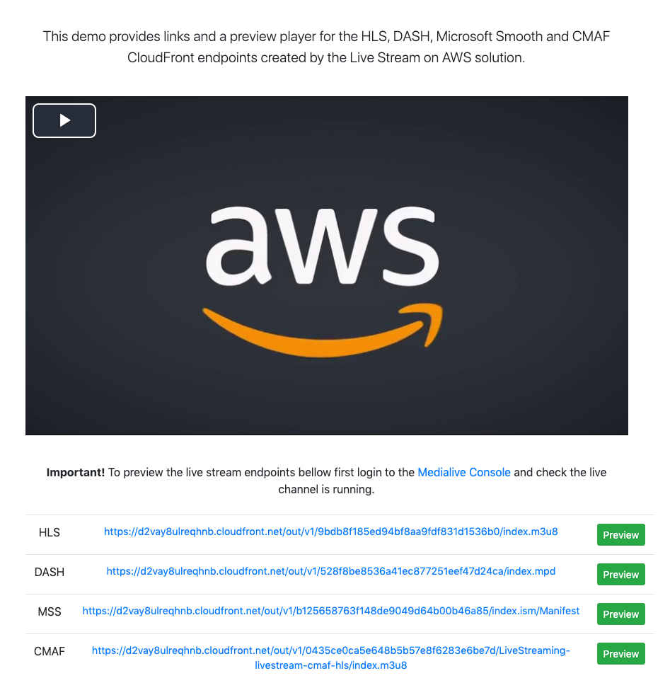 Image of CloudFront web distribution from the Live Streaming on AWS solution